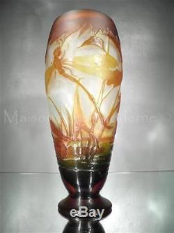 1900-10 Gallé Nancy Rare Vase Libellule En Pte De Verre Gravé Art Nouveau