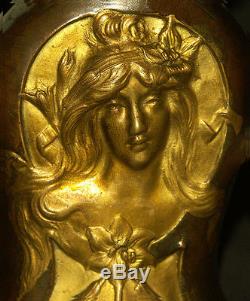 1900 très rare vase bronze Art nouveau signé LOUCHET 13cm770g visage fleur TBE