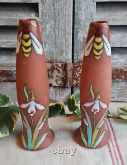 2 Anciens Vases Terre De Fer Longchamp Emailles Art Nouveau Decor Abeilles