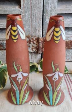 2 Anciens Vases Terre De Fer Longchamp Emailles Art Nouveau Decor Abeilles