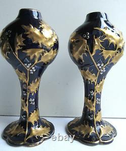 2 Vases Art Nouveau Jugendstil céramique de NIMY, bleu de Tours HOUX Or & Argent