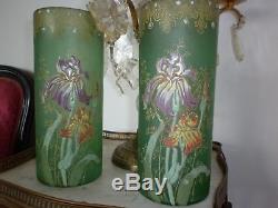 2 vases émaillés fond vert au décor fleuri arabesque Montjoye Art Nouveau