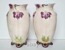 2 vases en faïence barbotine majolica végétale Sarreguemines Art-Nouveau 1908