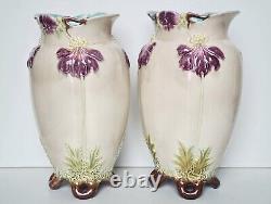 2 vases en faïence barbotine majolica végétale Sarreguemines Art-Nouveau 1908