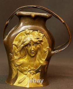 AA 1900 très rare vase bronze Art nouveau signé LOUCHET 13cm770g visage fleur