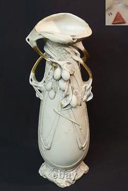 AA Art nouveau 1900 porcelaine ROYAL DUX BOHEMIA vase blanc et or 48cm fruits ++