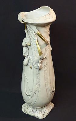 AA Art nouveau 1900 porcelaine ROYAL DUX BOHEMIA vase blanc et or 48cm fruits ++