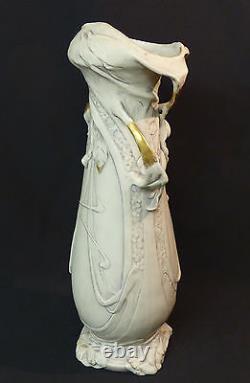 AA Art nouveau 1900 porcelaine ROYAL DUX BOHEMIA vase blanc et or 48cm fruits ++