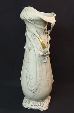 AA Art nouveau 1900 porcelaine ROYAL DUX BOHEMIA vase blanc et or 48cm fruits ++