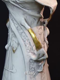 AA Art nouveau 1900 porcelaine ROYAL DUX BOHEMIA vase blanc et or 48cm fruits ++