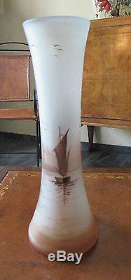 Ancien Vase Décor Marin Voilier Barque Peint Art Nouveau Signe Peynaud