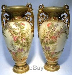 Art Nouveau Royal Bonn Blush Ivory Thistle Vase Matched Pair