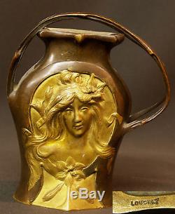 A 1900 très rare vase bronze Art nouveau signé LOUCHET 13cm770g visage fleur