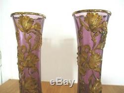 A voir Belle paire Vases Verre Art Nouveau Monture Laiton Doré Style Majorelle