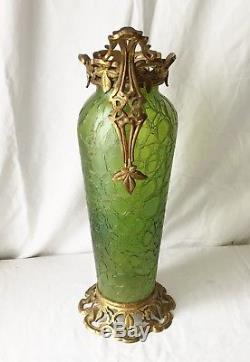 Ancien Grand Vase Art Nouveau Verre Craquelé LOETZ Monture Bronze 46,5 cm TBE
