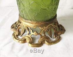 Ancien Grand Vase Art Nouveau Verre Craquelé LOETZ Monture Bronze 46,5 cm TBE