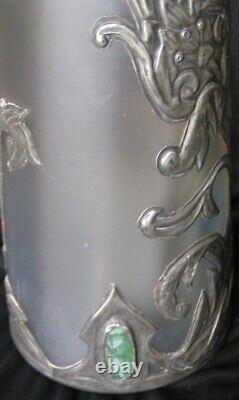 Ancien Grand Vase En Pate De Verre Rehausse Decor Floral A L Etain/art Nouveau