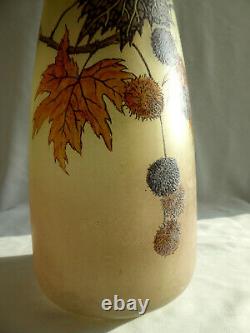 Ancien Grand vase en verre emaillé, Legras décor de marrons Art Nouveau XIXe