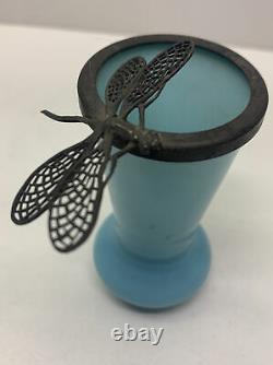 Ancien Petit Vase Opaline Bleu cerclage Métal libellule Art Nouveau / Art Déco
