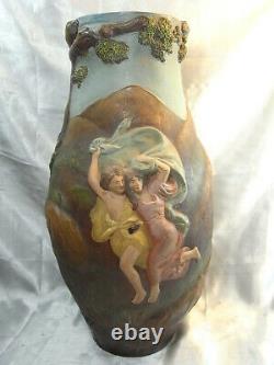 Ancien Rare Grand Vase Terre Cuite Polychrome Signe George Trinque Art Nouveau