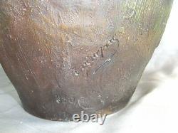 Ancien Rare Grand Vase Terre Cuite Polychrome Signe George Trinque Art Nouveau