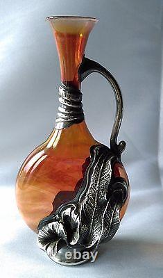 Ancien Vase Art Nouveau En Verre & Etain