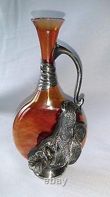 Ancien Vase Art Nouveau En Verre & Etain