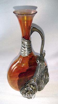 Ancien Vase Art Nouveau En Verre & Etain