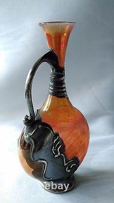 Ancien Vase Art Nouveau En Verre & Etain