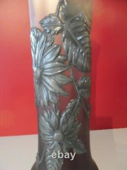 Ancien Vase Art Nouveau En Verre Réhaussé A L'étain No Daum Nancy Art Déco 40 cm