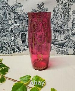Ancien Vase Art Nouveau En Verre Rose Rouge Decor D'abeille Dore Style Legras