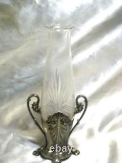 Ancien Vase Bouquetier Porte Bouquet Metal Argente Cristal Taille Art Nouveau