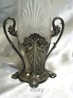 Ancien Vase Bouquetier Porte Bouquet Metal Argente Cristal Taille Art Nouveau