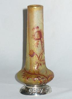 Ancien Vase Pate Verre Degagé à l'Acide Daum Art Nouveau Monture Argent Massif