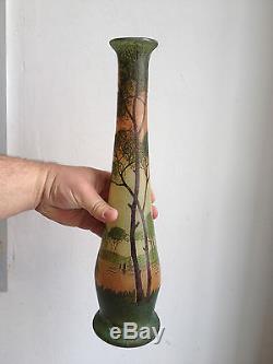 Ancien Vase en verre, décor lacustre émaillé, leg Legras