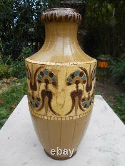 Ancien grand vase en céramiques Art Nouveau Déco signé De Lamazière h. 41,3 cm