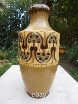 Ancien grand vase en céramiques Art Nouveau Déco signé De Lamazière h. 41,3 cm