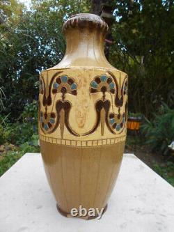 Ancien grand vase en céramiques Art Nouveau Déco signé De Lamazière h. 41,3 cm