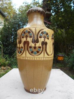 Ancien grand vase en céramiques Art Nouveau Déco signé De Lamazière h. 41,3 cm