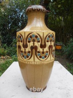 Ancien grand vase en céramiques Art Nouveau Déco signé De Lamazière h. 41,3 cm