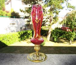 Ancien superbe vase Art Nouveau en bronze et verre émaillé rehaussé à l'or fin