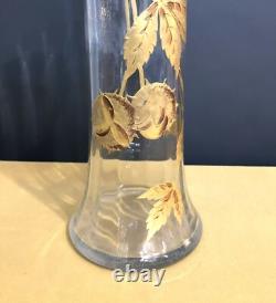 Ancien vase ART NOUVEAU cristal émaillé doré SAINT LOUIS décor de marrons 34 cm