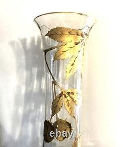 Ancien vase ART NOUVEAU cristal émaillé doré SAINT LOUIS décor de marrons 34 cm
