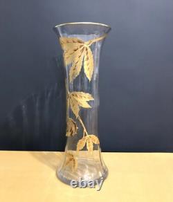 Ancien vase ART NOUVEAU cristal émaillé doré SAINT LOUIS décor de marrons 34 cm