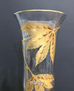 Ancien vase ART NOUVEAU cristal émaillé doré SAINT LOUIS décor de marrons 34 cm