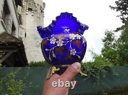 Ancien vase verre émaillé Legras bleu Cobalt monture en bronze 1900 Art Nouveau