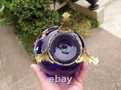 Ancien vase verre émaillé Legras bleu Cobalt monture en bronze 1900 Art Nouveau