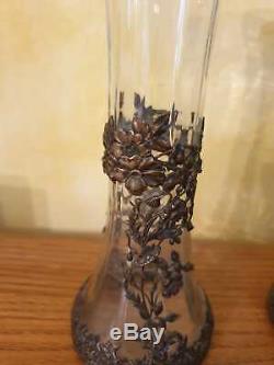 Ancienne Paire De Vase, Cristal, Bronze Dore, Decor De Fleur, Xxeme, Art Nouveau