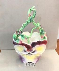 Ancienne barbotine ART NOUVEAU 26,5 cm Panier Cache pot Vase Céramique Faience