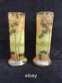 Ancienne paire de petits vases émaillés legras paysage lacustre art nouveau